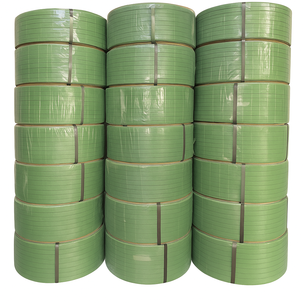 تسمه پلاستیکی سبز مقاوم عرض ۱۶ میلی‌متر برای بسته‌بندی کارتن‌ها و جعبه‌ها